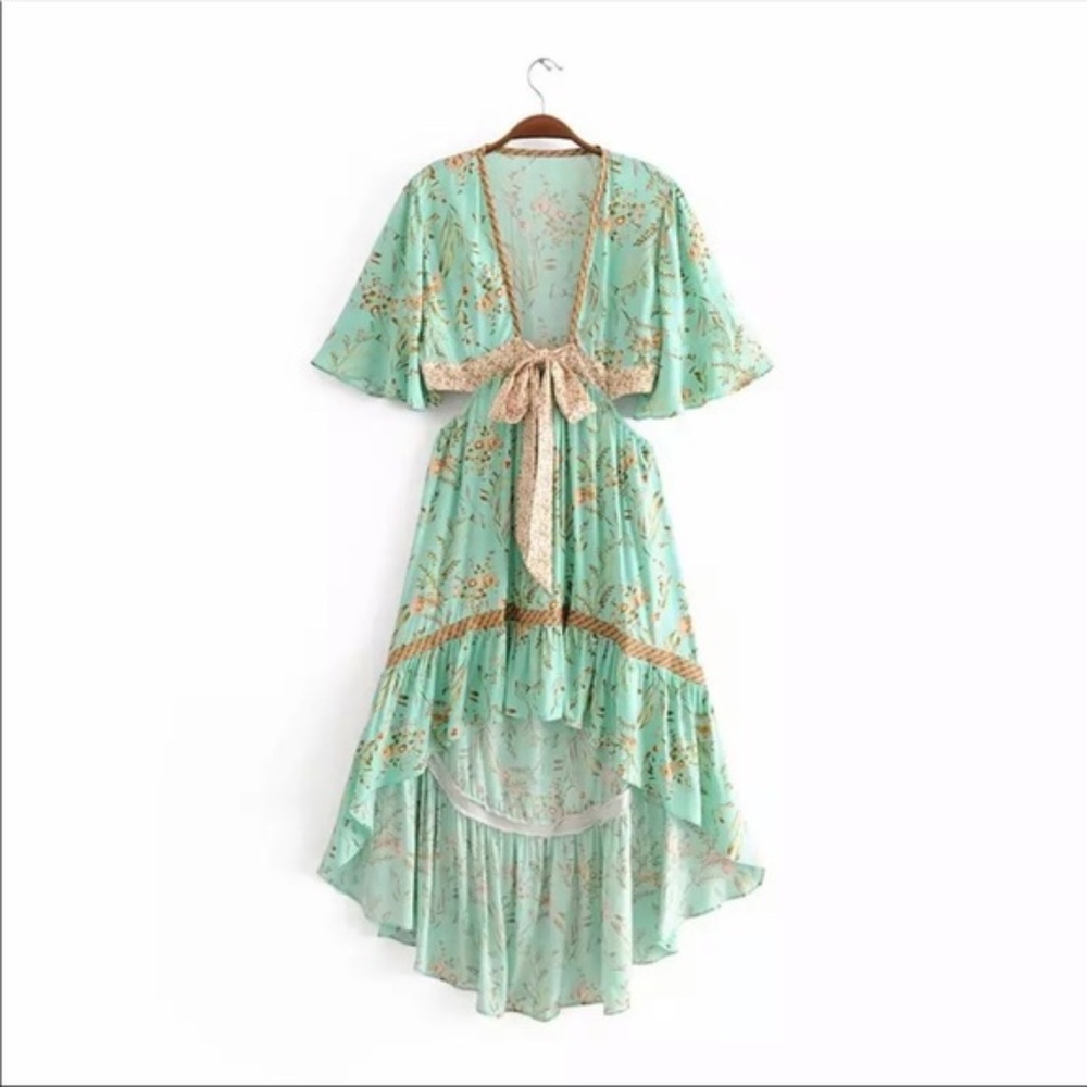 Bohemian cream Floral Print High Low midi Dress - Picture 9 of 10